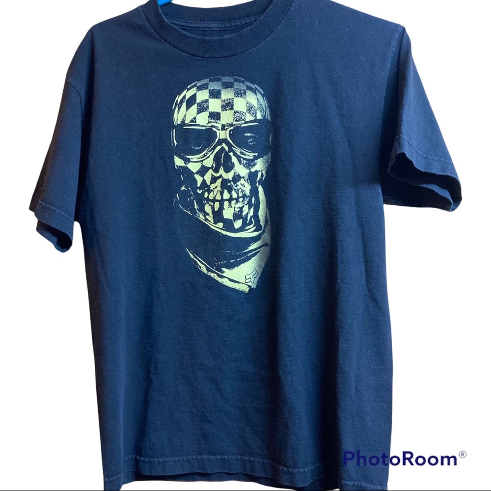 Men’s Fox Racing Tee Shirt M Skull Head Checkered Flag Bandana (slightly faded)